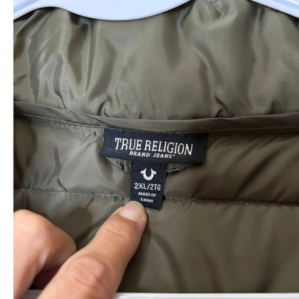 True Religion Olive Green Quilted Puffer Jacket Mens Size 2X FLAW Lightweight